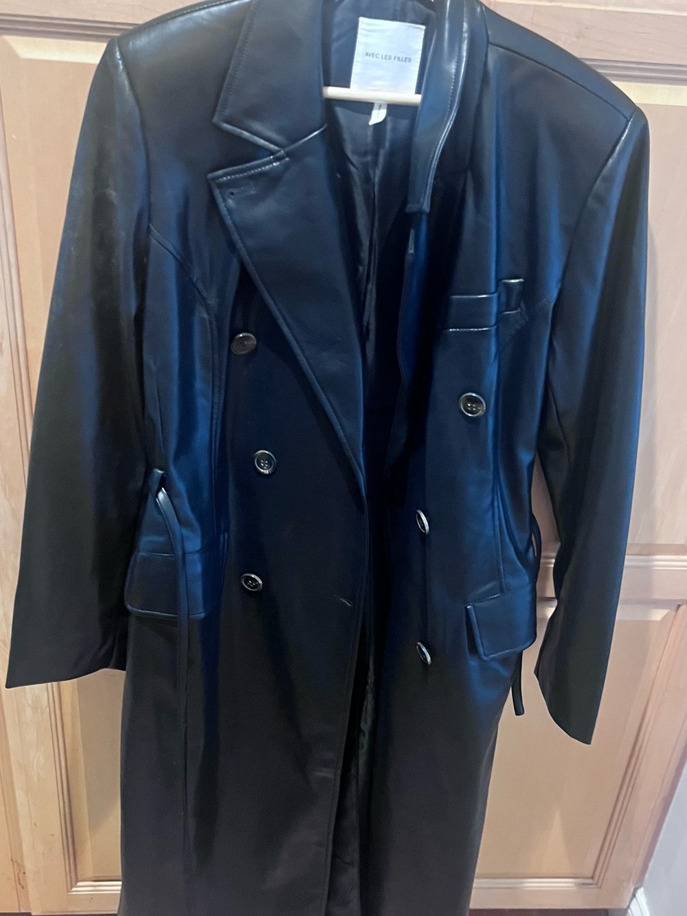 Avec Les Filles Black Faux Leather Double-Breasted Trench Coat